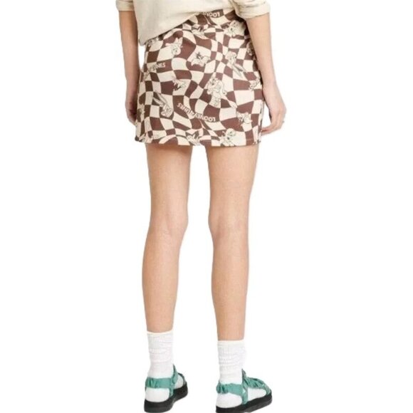 Looney Tunes Character Print Brown & Cream Geo Checkered Mini Skirt -- Women XS - Picture 4 of 7